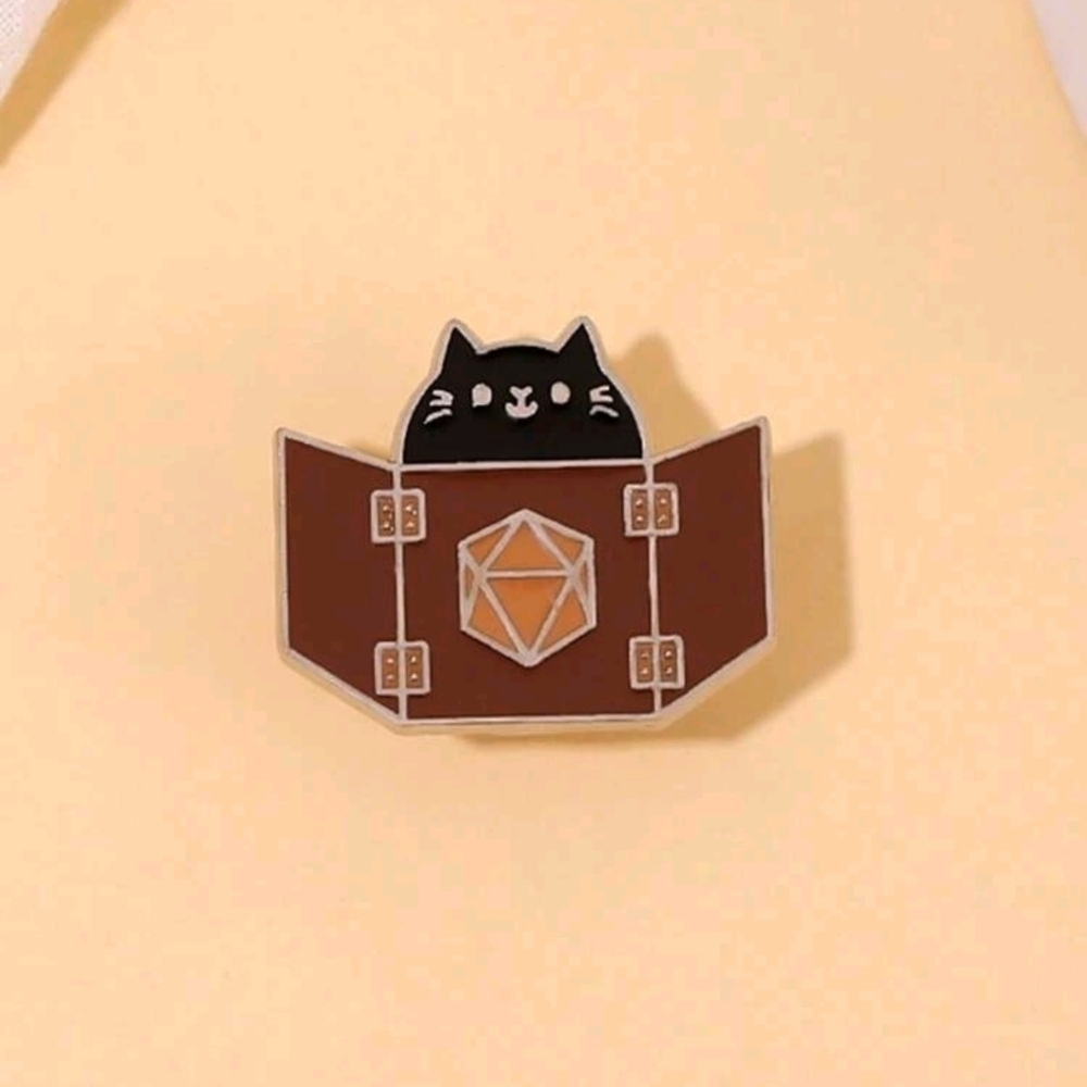 D&D Pathfinder roll 20 nerd cat pin unisex enamel brooch charm purse bag decor